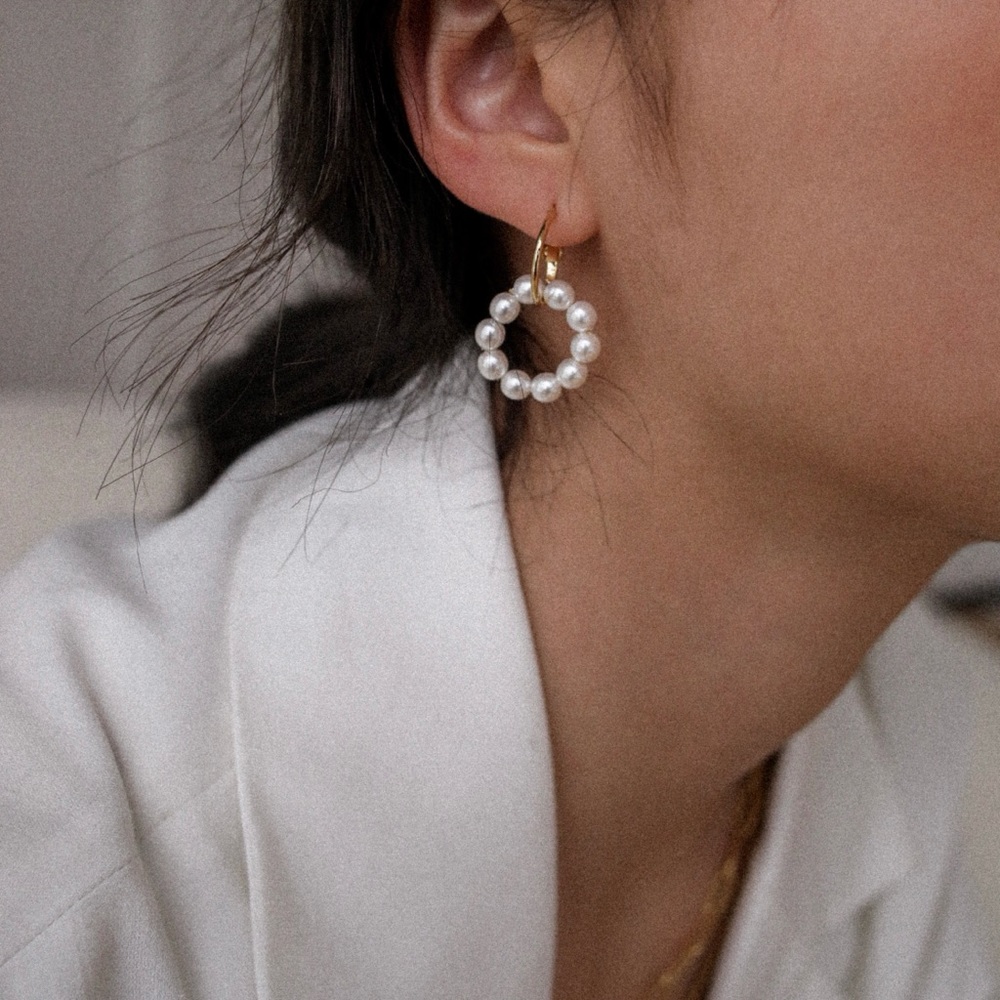 Gold Plated French Acrylic Pearl Hoops Earrings
